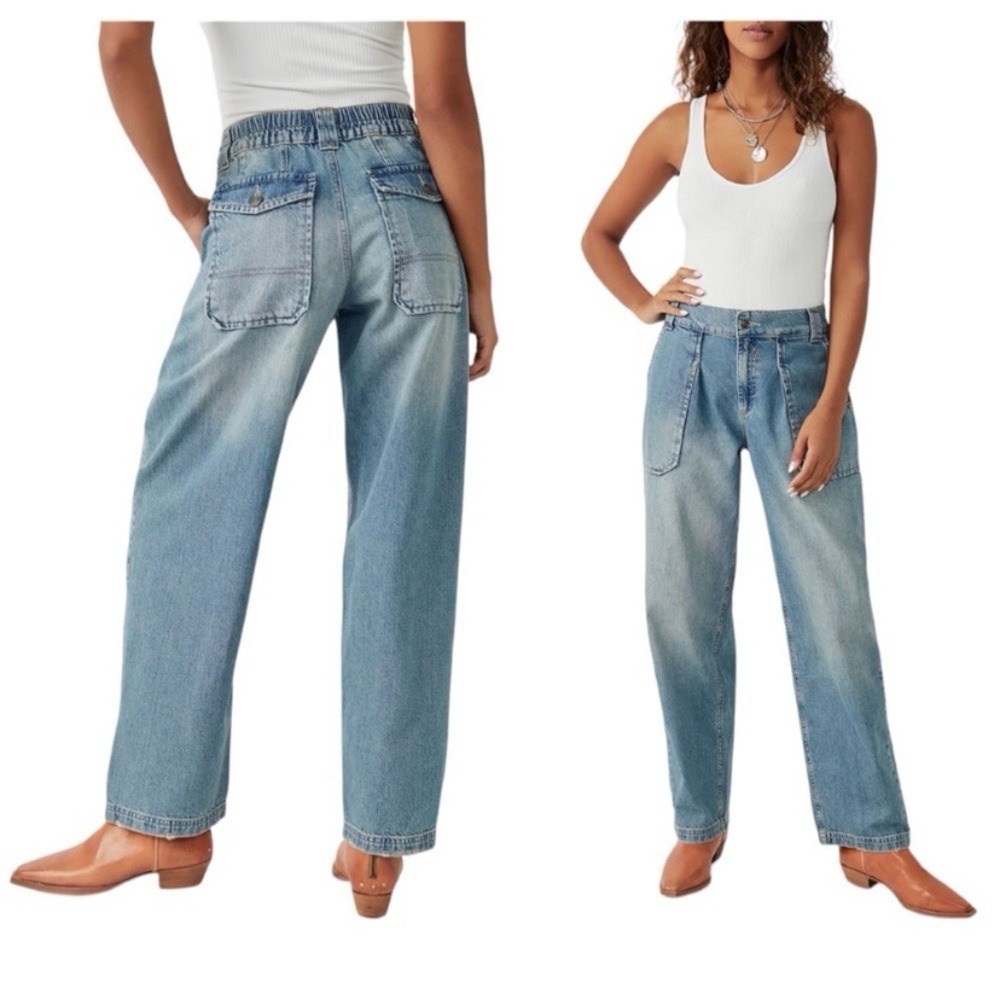 NEW Free People Mauve Oversized Wide Leg Elastic Waist Jeans, Sz XS